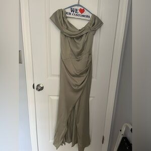 Sage green evening gown with front slit low neckline